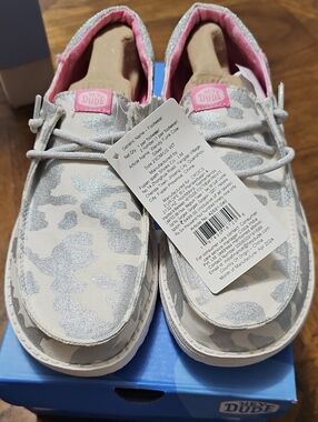 Hey Dude Women Slip-On Sneakers Wendy Funk Cow Silver with Pink Lining
